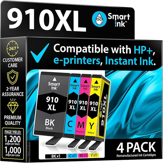 Smart Ink Remanufactured Ink Cartridges Replacement for HP 910XL 910 XL Black and Color Combo Pack to use with OfficeJet Pro 8025e 8025 8028e 8028 8035e 8035 OfficeJet 8015e 8022e 8015 8022 Printers