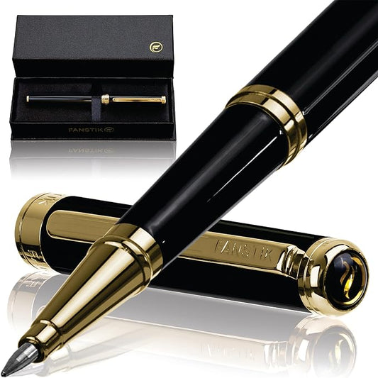 Customized Black & Gold Luxury Rollerball pen (Made In USA) fancy gift set for women, Real 24K Gold Plating, Professional executive pen gift set for men (Lux Custom-Rollerball Black-Gold)
