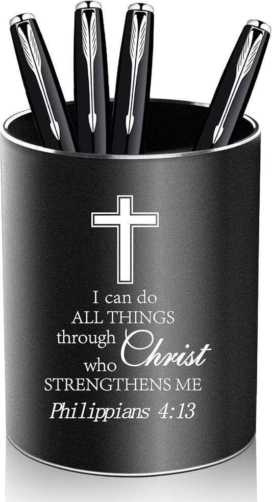 Christian Gifts,Metal Pen Holder Aluminum Pencil Holder for desk,Round Desktop Organizer and Black Pencil Cup for Office, School, Home and Stationary Supplies (Philippians 4:13)