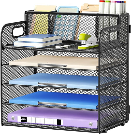 Marbrasse 5 Tier Paper Organizer with 3 Pen Holders, Mesh Desk File Organizer with Handle, Paper Sorter Desk Organizer for Home Office Supplies(Black)