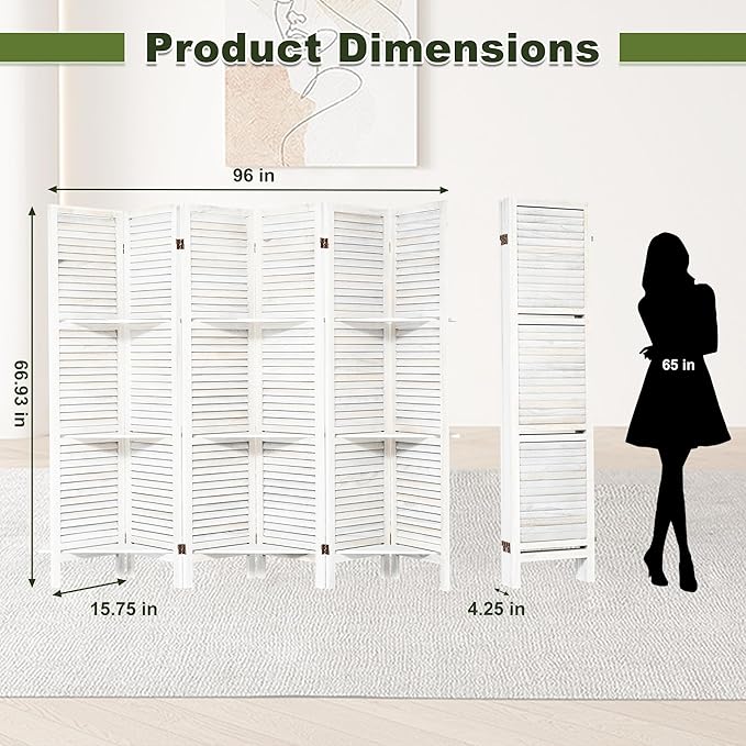 NicBex 6 Panel Room Divider 5.6FT Louvered Design Room Dividers with Display Storage Shelves Folding Privacy Screens Portable Freestanding Partition Wall Dividers for Home Bedroom Office, White