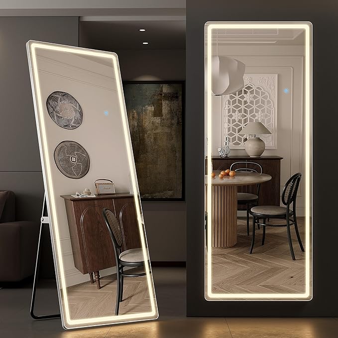 64"x21" Full Length Mirror with LED Lights, Lighted Full Body Mirrors, Aluminum Frame Mirror with Dimming & 3 Color Lighting, Hanging Mounted Mirrors for Bedroom Dressing Room Cloakroom