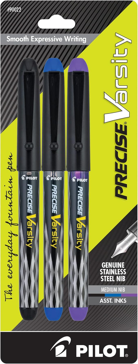 PILOT Precise Varsity Pre-Filled Fountain Pens, Medium Point Stainless Steel Nib, Black/Blue/Purple Inks, 3-Pack (90022)