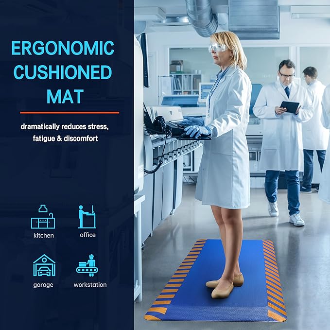 FEATOL Anti Fatigue Mats Industrial 2 Packs, Ergonomic Standing Floor Mat for Work for Stand, Blue with Yellow Border Safety 20" x 59"-Support for Leg & Back Pain