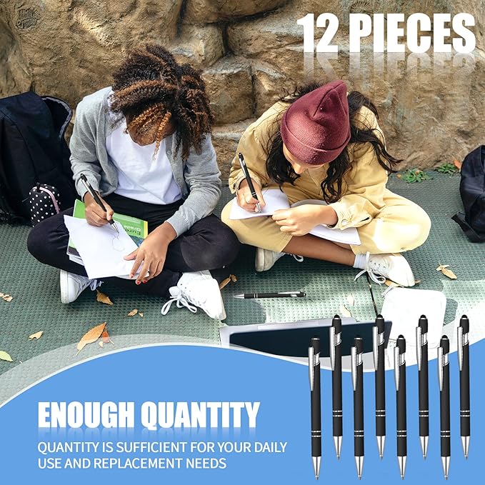 12 Pcs Blue Ink Ballpoint Pen with Stylus Tip, 1.0 mm Metal Pen Stylus Pen for Touch Screens, 2 in 1 Thank You Pen Gift for Friends, Colleagues, Coworker, Office, Family (Black)