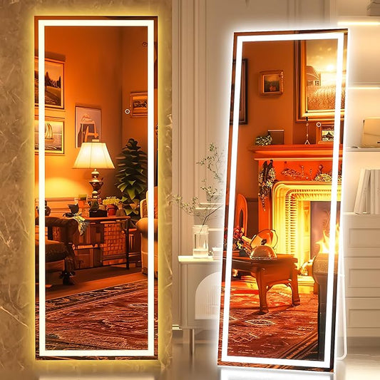Hasipu Full Length LED Mirror with Lights, 56" x 18" Floor Standing or Wall Hanging Mounted, Full Body Dressing Mirror, Dimmable Tempered Glass, Square White