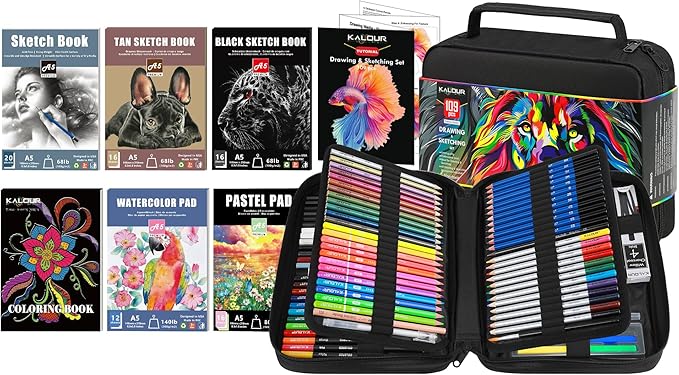 109 Drawing Set Sketching Kit, Pro Art Supplies with Fluorescent, Colored, Watercolor, Metallic, Graphite, Charcoal Pencils, 5 Sketchbook and Coloring Book, Gift for Artists Adults Teens Beginner