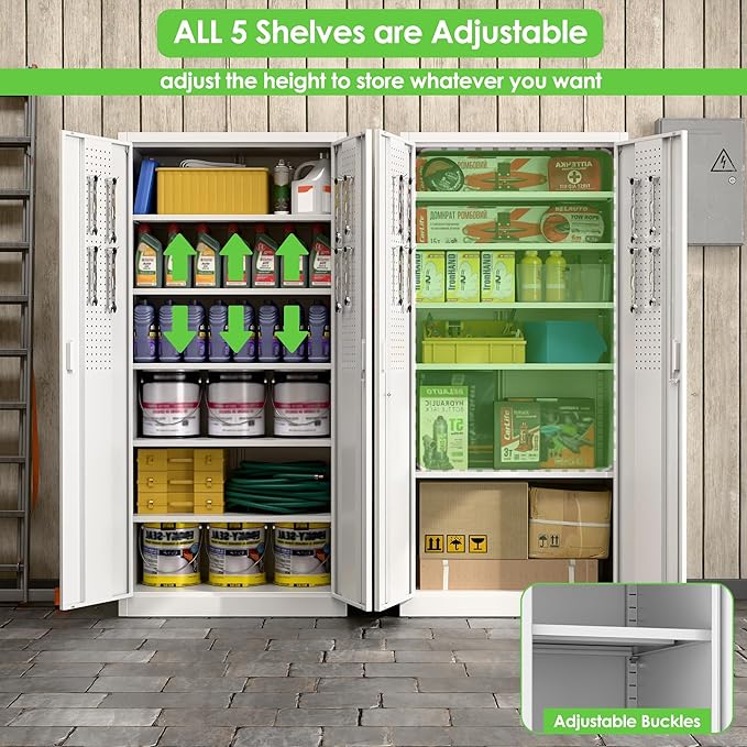 Aobabo Upgraded 71" H×34" W×18" D Metal Garage Storage Cabinet with Pegboards, Lockable Steel Cabinet with 5 Adjustable Shelves and 4 Hooks for Garage, Home, Office, White,Assembly Required