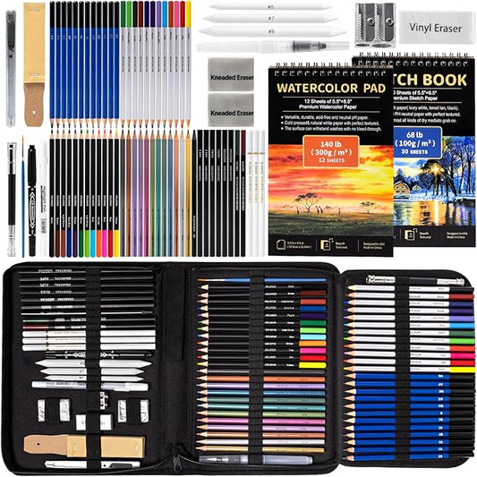 Art Supplies Drawing Pencils Set - 76 Pack Pro Sketching Kit with Sketchbook & Watercolor Pad, Includes Graphite, Charcoal, Watercolor & Metallic Pencils for Kids, Teens, Adults