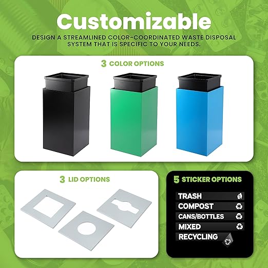 Alpine Industries Mixed Lid 29 Gallon Sturdy Steel Cube Recycling Container, Square Opening - 3 Color Cans Available Sold Separately (Lid Mixed Opening)