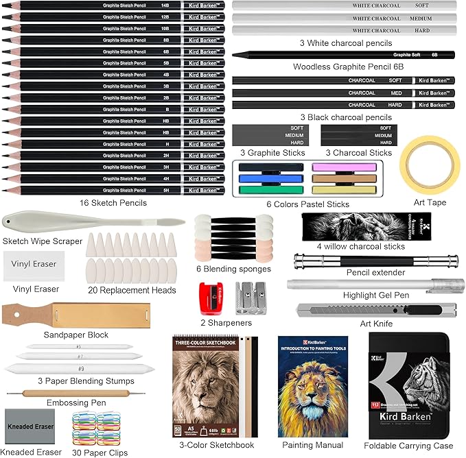 Kird Barken 112 PCS Professional Drawing Set – Sketch Kit with Graphite & Charcoal Pencils, 3-Color Sketchbook, Art Supplies for Shading & Blending – Ideal for Artists, Adults, Teens & Beginners
