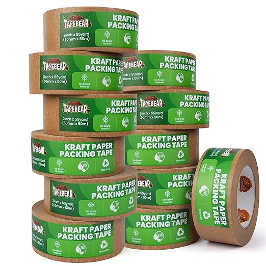 Eco-Friendly Kraft Paper Tape, Biodegradable Heavy Duty Packing Tape 2Inch x 55Yard, Recyclable Packaging Tape Self Adhesive Box Tape for Shipping, Sealing, Moving & Masking, 12Rolls