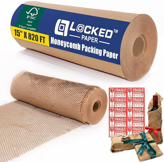 Moving Supplies Honeycomb Packing Paper for Dishes and Glassware 15 Inches * 820 Feet, Large Bubble Cushioning Wrap Roll Eco Friendly Packaging Shipping Material, Sustainable Box Void Filler