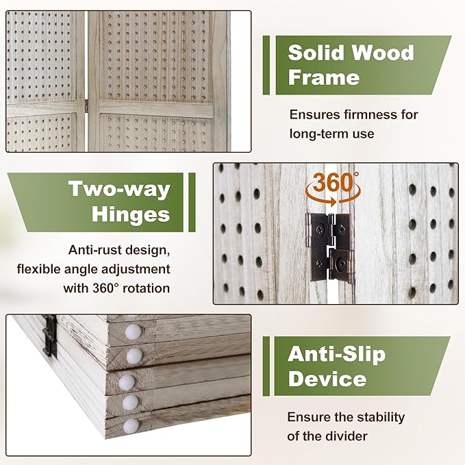 NicBex Room Divider 6 Panel Pegboard Display 5.6FT Wood PegBoard Room Dividers, Folding Privacy Screens Portable Display Board Wall Divider for Craft/Art Shows, Room Separation, Natural Wood