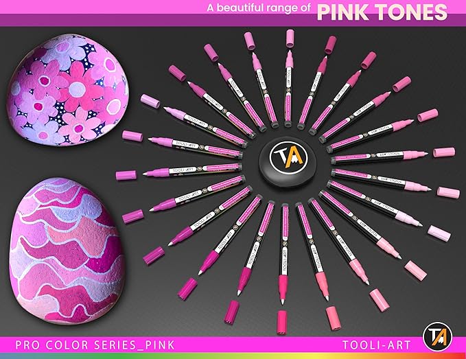 Acrylic Paint Pens 22 Pink Tones Assorted Pro Color Series Markers Set 0.7mm Extra Fine Tip for Rock Painting, Glass, Mugs, Wood, Metal, Canvas, Projects, Non Toxic, Waterbased, Quick Drying