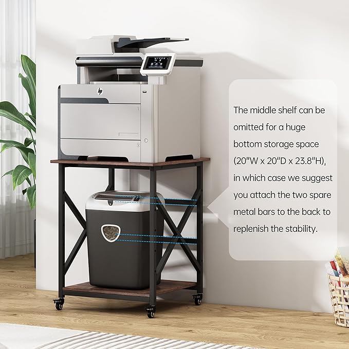 23.6 x 23.6 Inches Large Printer Stand, 3 Tier Square Printer Table with Height Adjustable Storage Shelf, Rolling Printer Cart with Industrial Wheels for Home Office - Rustic Brown