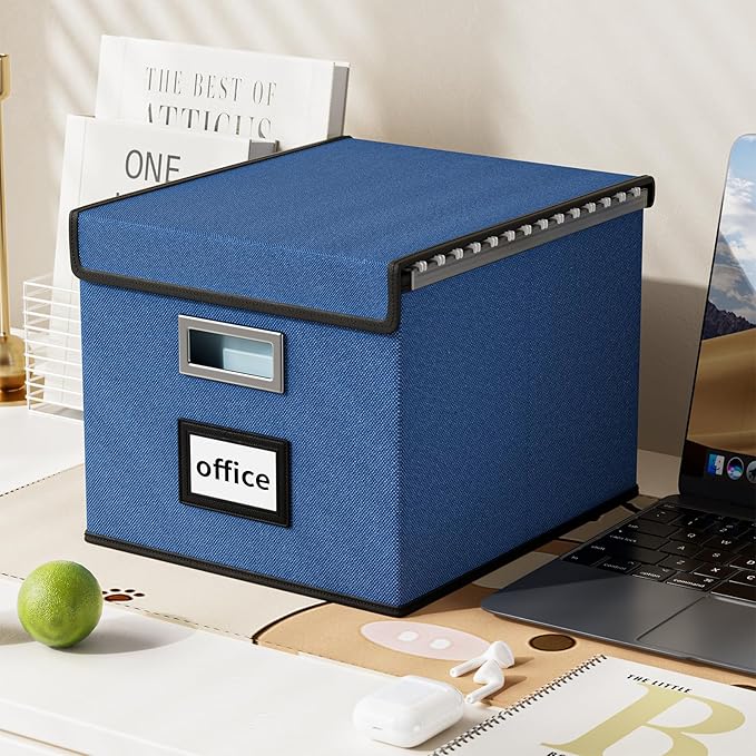 Huolewa Decorative File Organizer Box Office Document Storage with Lid, Portable Collapsible Linen Hanging Filing & Storage Boxes for Office/Decor/Home (Royal Blue) - 14.9 x 12.7 x 10.8 inch - 1Pack
