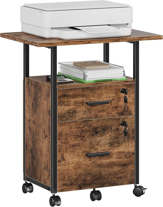 2 Wood Drawer Lockable File Cabinet with 22'' Extended Desktop, Mobile Filing Cabinet with Side Bag, Rolling Printer Stand, Fits A4&Letter Size, Home Office, Rustic Brown