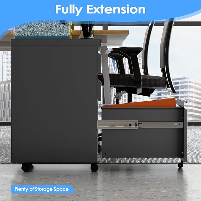 3 Drawer Under Desk Mobile File Cabinet with Lock, Metal Storage Cabinet for Office & Home, Legal/Letter Size, Fully Assembled Except Wheels, Black