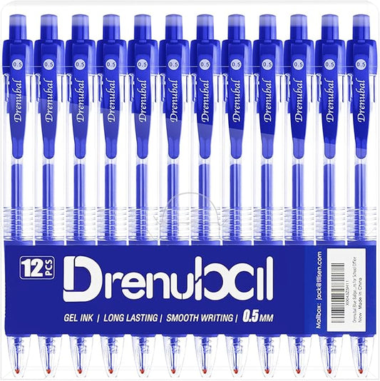 Blue Ballpoint Pens for School Office with Rubber Grip，Fine(0.5mm) Point Retractable-Set of 12 Writing Pens