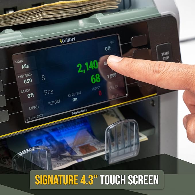 KOLIBRI Signature Bank-Grade Money Counter Machine Mixed Denomination | 2-Pocket Cash Counter Machine, Currency Discriminator | 3-Year Manufacturer's Warranty | 2 CIS UV/MG IR/MT SN/DV IRT