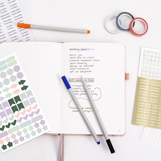 &And Per Se Dotted Journal Notebook Set, A5 Hardcover Dotted Journal (Black), 6 Fineliner Pens, 8 Sticker, 5 Stencil Sheets & 6 Washi Tapes, Journaling Supplies for Planner Schedule