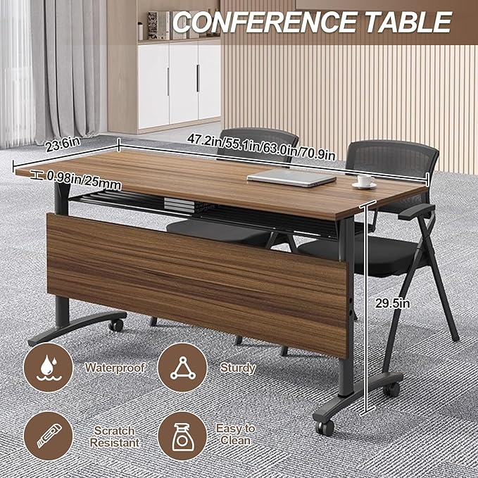 Folding Conference Room Table, Modern Conference Tables with Wheels, Large Rectangular Mobile Training Tables for Office Classroom, Foldable Modular Boardroom Seminar Table Walnut (4pack L63in)