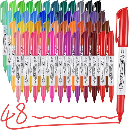 48 Colors Permanent Markers, Assorted Colors Vibrant Markers, Fine Point，Works on Wood, Plastic, Metal, and More, for Adults, Artist, Teacher, Kids, 48 Pack