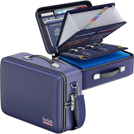 DocSafe Fireproof Document Box with Lock＆Shoulder Strap,Hard Case File Organizer with Accordion File Folder,Multi-Layer Portable Home Office Travel Safe Storage for Important Documents Laptop Blue