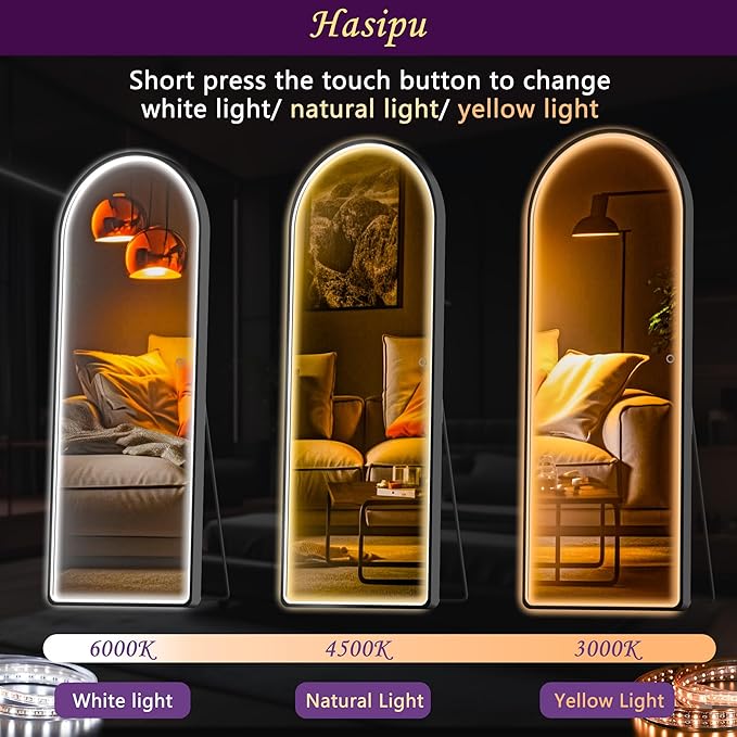 Hasipu 63" x 22" Led Mirror Full Length, Full Body Mirror with Lights, Arch Design, Wall Mounted, English Style
