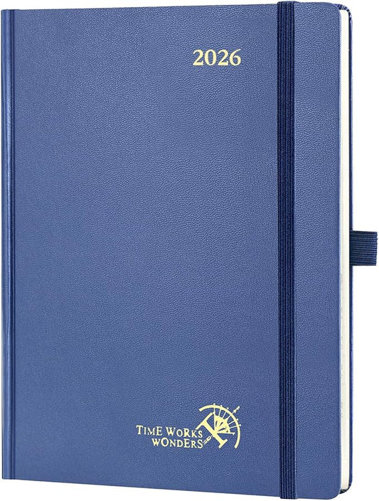 POPRUN 2026 Planner (Medium Size 8.5''x 6.5'' Hardcover) - Daily Weekly and Monthly Calendar Agenda 2026 Appointment Book with Hourly Time Slots, Monthly Tabs, 100 GSM - Navy Blue