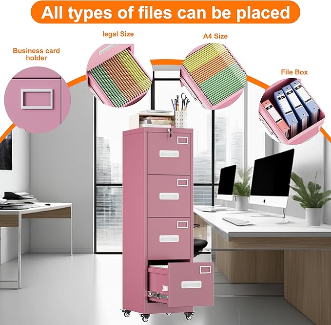Aobabo 56" H 4 Drawer Moblie Office File Cabinet with Lock, Rolling Metal Filing Storage Cabinet, Legal/Letter A4 Size, Pink, Assembly Required