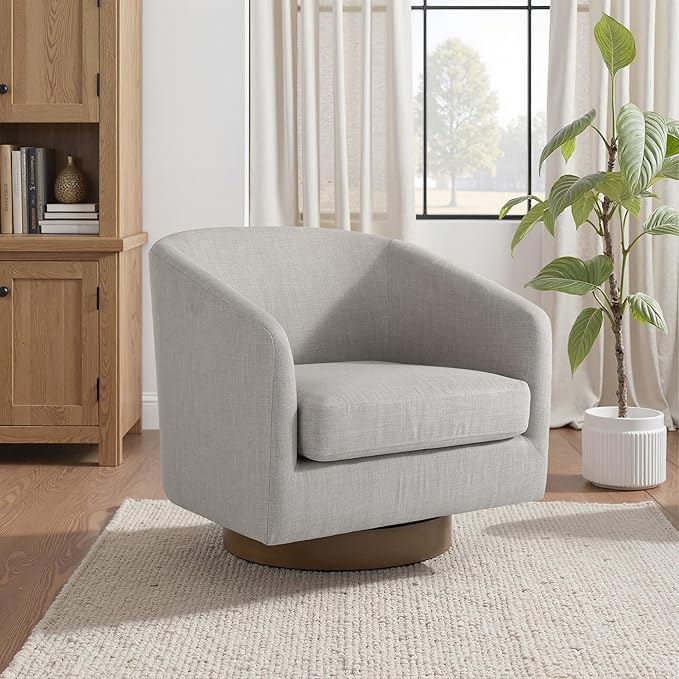 UIXE Swivel Accent Chair with Wood Base, Fabric Upholstered Barrel Chairs for Living Room, Comfy Round Armchair Single Sofa Bedroom Reading Seat - 31" W, Khaki