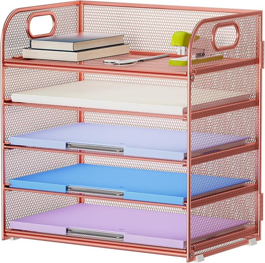 Marbrasse 5 Tier Paper Organizer Letter Tray, Mesh Desk File Organizer with Handle, Paper Sorter Desk Organizer for Home Office Supplies - Rose Gold