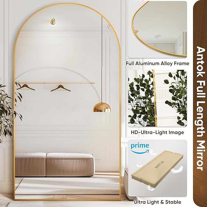 Antok Full Length Mirror, 83"x44" Oversized Floor Mirror Freestanding, Full Body Mirror Floor Standing Mirrors with Stand, Hanging Mounted Mirrors for Living Room Cloakroom,Gold,Arched Style
