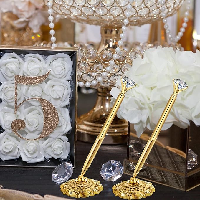 Outus 2 Pieces Gold Wedding Pens for Guest Book Signing Diamond Pen with Hollow Round Holder Stand Set for Wedding Bridal Engagement Reception Supplies