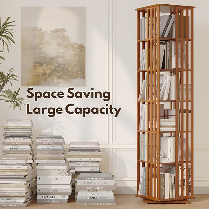 Rotating Bookshelf Tower, 360 Display Spinning Bookcase, Bamboo Bookshelf Floor Standing Storage Rack, Wood Narrow Book Shelf Organizer for Kids&Adults, Walnut 6 Tier