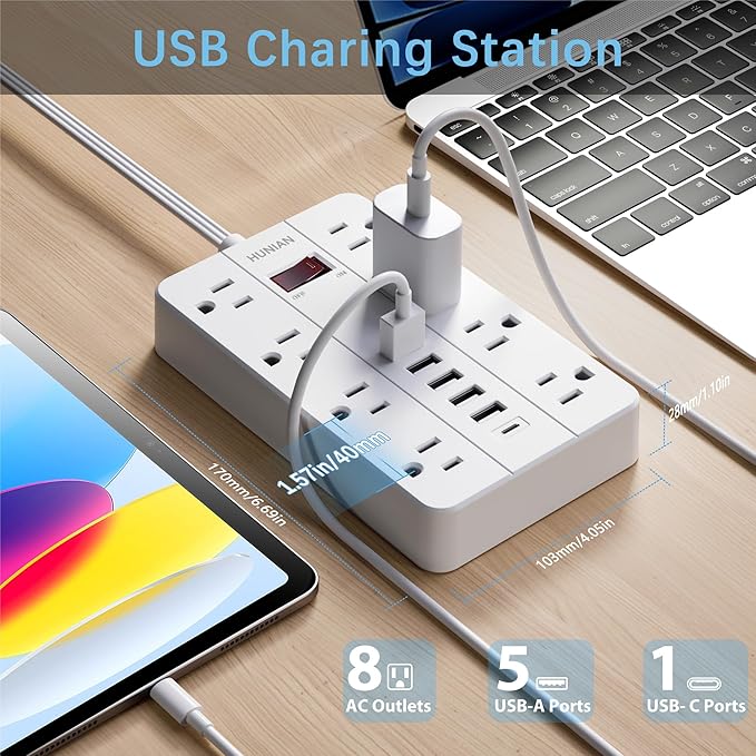 10 Ft Long Extension Cord,Power Strip Surge Protector HUNIAN Flat Plug with 8 Widely Spaced Outlets 6 USB(1 USB C Port), Wall Mount Charging Station for Home and Office,White