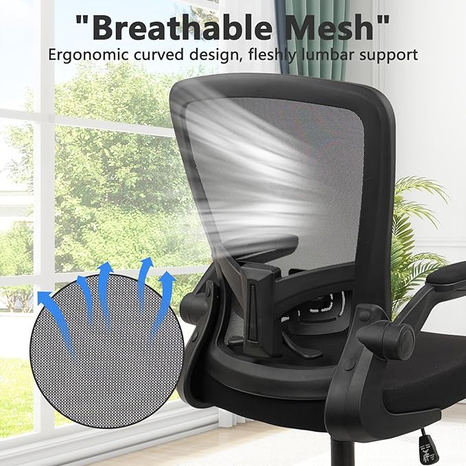 Office Desk Chairs with Wheels, Ergonomic Mesh Chair with Adjustable Height Lumbar Support, Rolling Swivel Computer Task Chair with Flip Up Armrests for Home, Study, Conference, Black (12PK)