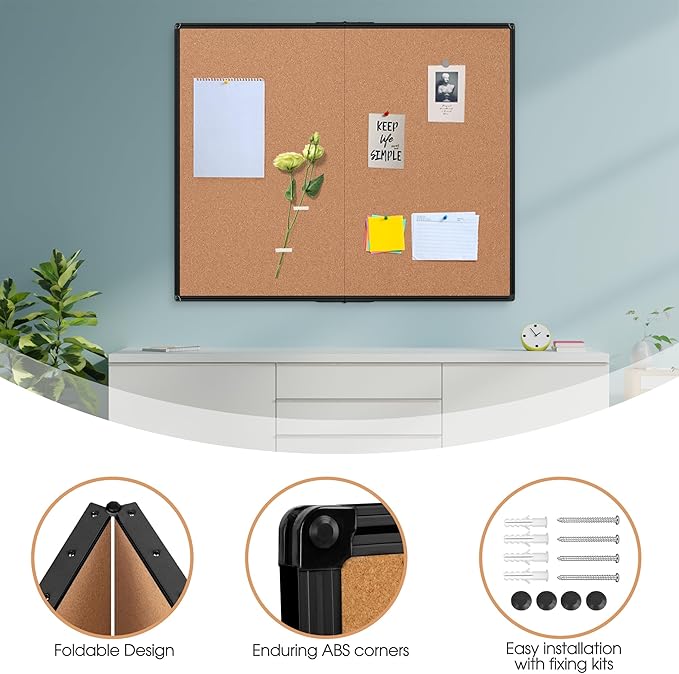 Board2by Extra Large Cork Bulletin Board 48" X 48", Foldable Notice Pin Board for Wall, Black Aluminum Framed 4'x4' Corkboard, Wall Mounted Noticeboard with 36 Push Pins for School, Home & Office