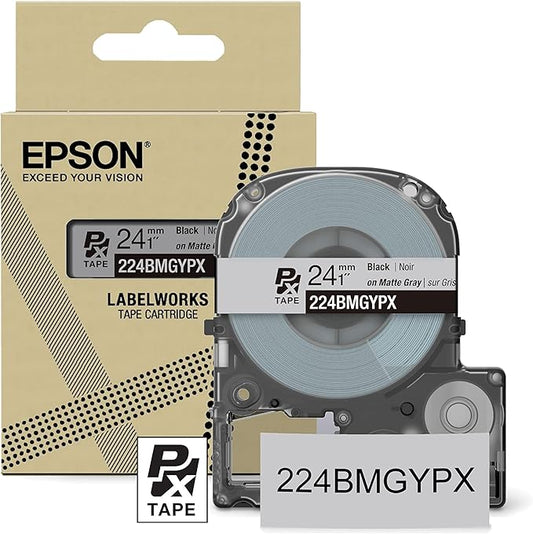 Epson LABELWORKS 224BMGYPX Genuine PET (Polyester) Tape Cartridge - Black on Matte Light Gray Designer Craft Label Maker Tape - 1" (24MM) Wide, 26'