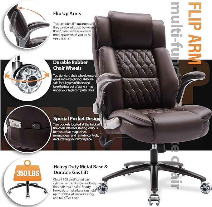 Large High Back Office Chair - Adjustable Lumbar Support Flip Up Arms Heavy Duty Quiet Wheels Metal Base Breathable Bonded Leather Ergonomic Executive Computer Desk Chair with Storage Bags, Brown