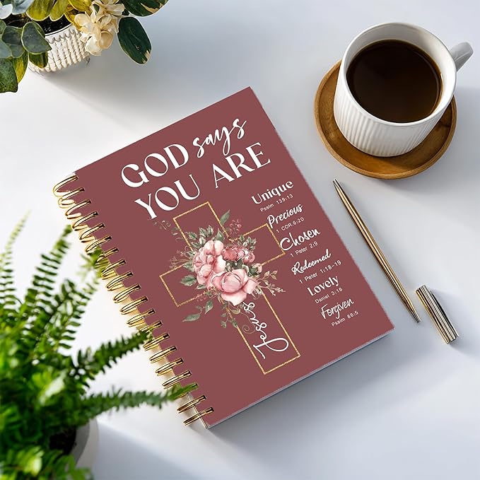 Bible Notebook, A5 Spiral Christian Journal with Floral Pink Butterfly Notebook, Bible Verse-God Says You Are, Inspirational Notebooks for Women, Bible Study, Gift for Birthday Christmas