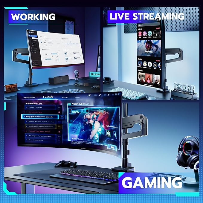 ARES WING Heavy-Duty Monitor Mount for 17-49 inches Ultrawide Curved Flat Monitors, Holds 44lbs, with 18" Extended Column for Desk, Adjustable Gas Spring, Black