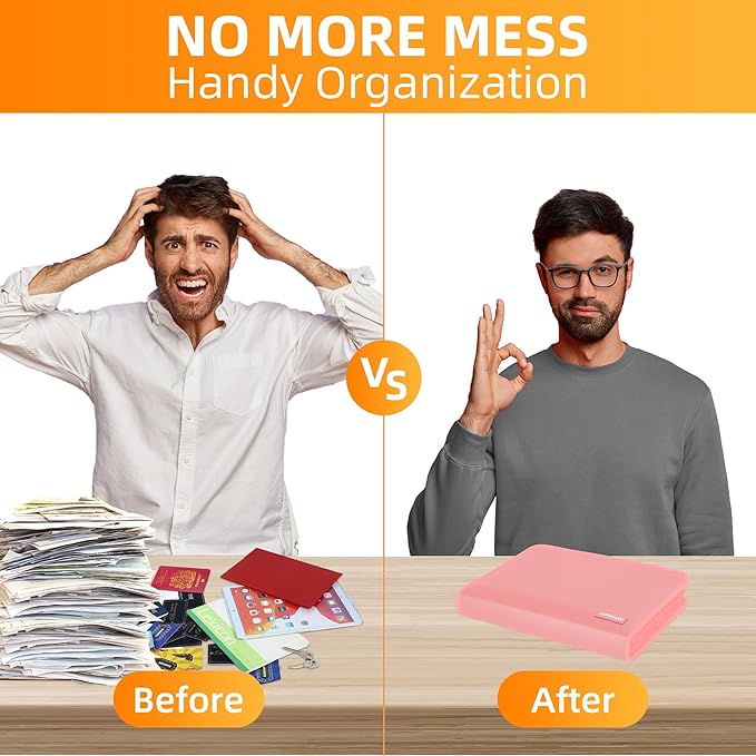 JUNDUN Accordion File Organizer - Fireproof Accordion Folder with Zipper & Labels - 12 Pocket Expanding File Folder with Multi-Pockets Paper Organizer Folder for Letter A4 Files and More (Pink)