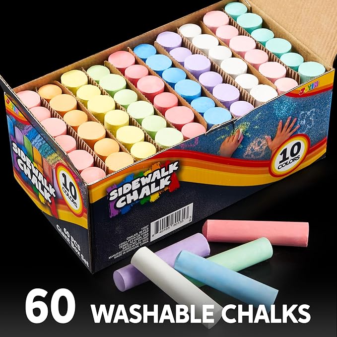 JOYIN 60 PCS Sidewalk Chalk Set (10 colors), Non-Toxic Washable Outdoor Jumbo Chalk Set for Painting on Chalkboard, Art Play and Playground Toy