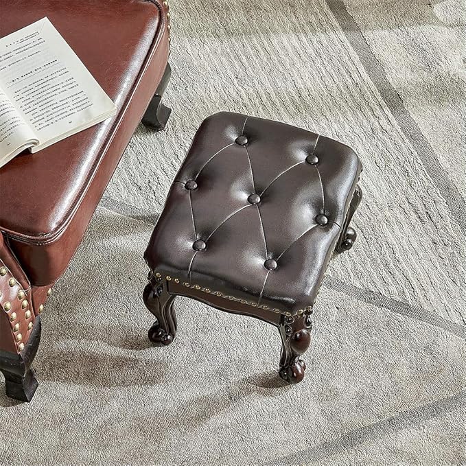 LEILISI Small Footstool Brown Leather Ottoman,Vintage Carved Upholstered Footrest, Rubber Wooden Foot Rest Stool Sofa Stool (Black-Brown)