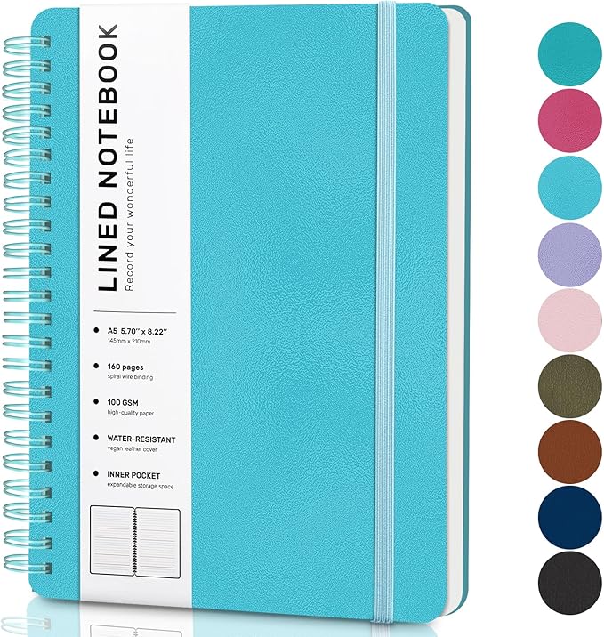 Lined Spiral Journal Notebook, A5 Hardcover Leather Notebook for Work, 5.7''×8.2'', 100GSM Thick Paper Spiral Bound Journaling Notebooks for Women & Men Office School Note Taking Business, Sky Blue