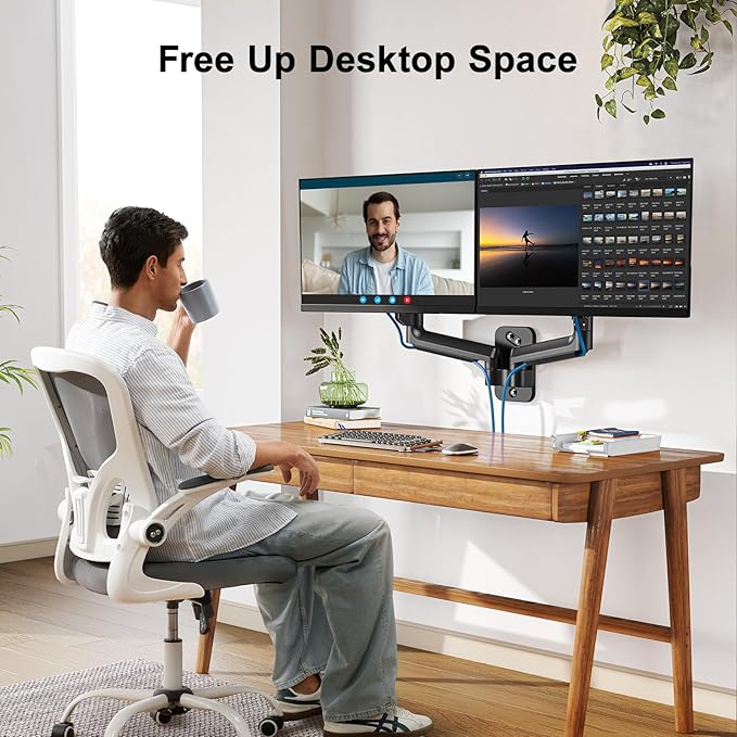 HUANUO Dual Monitor Wall Mount with Gas Spring Arms - 17-32 Inch Computer Screen Mount (4.4-17.6lbs Per Arm) - VESA 75x75/100x100 Height Adjustable Stand for Dual Monitors - Home Office Desk Setup