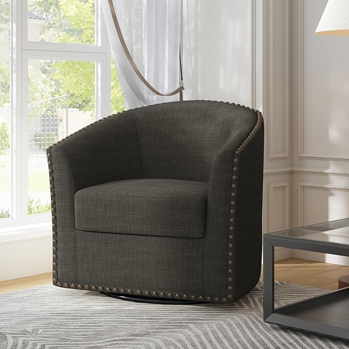 UIXE 360° Swivel Barrel Accent Chair, Modern Upholstered Arm Chair Round Club Armchair, Nailhead Trim Single Sofa Seating in Fabric for Living Room - Gray